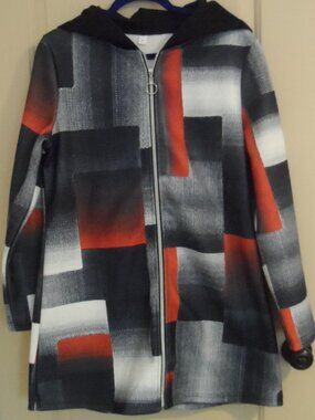 Geometric Print Hooded Mid-Length Coat w/ Front Zipper Red/Black/White/Gray Sz M